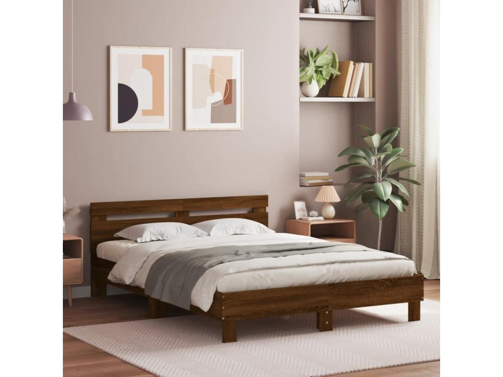 Brown Oak Wood Bed Frame, 140 x 190 cm
