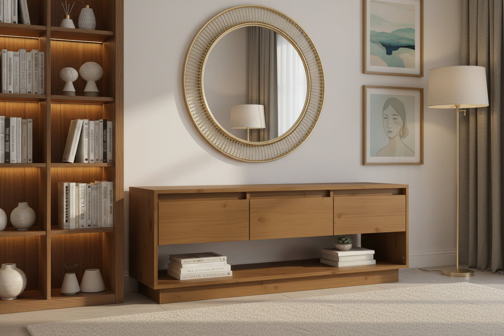 Brown Pine Wood TV Stand, 110.5 x 34 x 40 cm